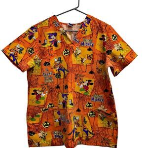 Disney Halloween Orange Scrub Top Trick Treat Goofy Minnie Mickey Nurse MEDIUM